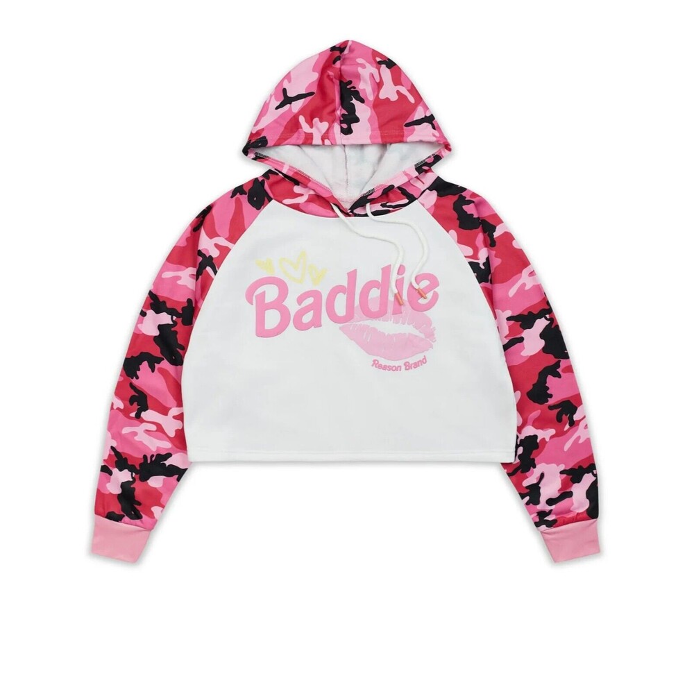 Reason Women’s Pink White Baddie Camo Cropped Hoodie Size L